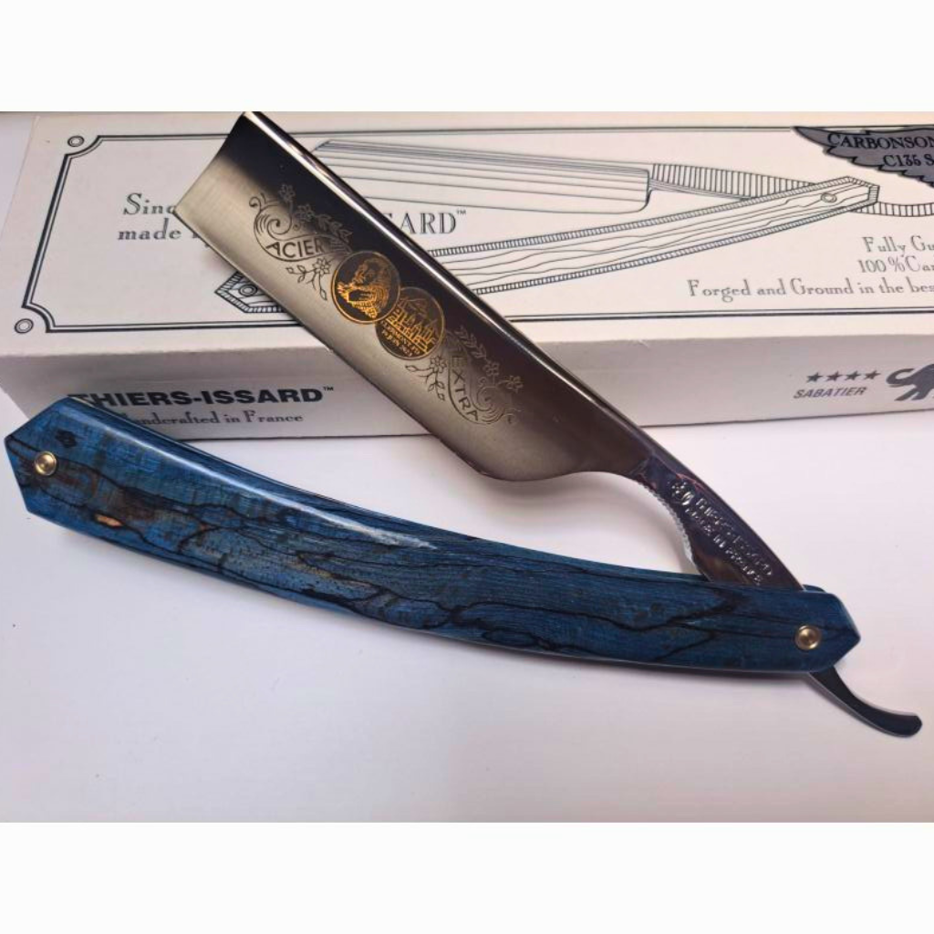 Thiers Issard 'Médaille Pascal' Straight Razor 6/8" Spalted Stabilized Blue Beech Wood Carbon Steel