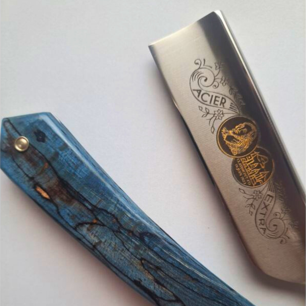 Thiers Issard 'Médaille Pascal' Straight Razor 6/8" Spalted Stabilized Blue Beech Wood Carbon Steel