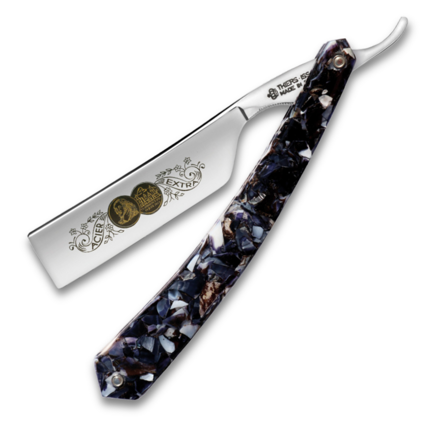 Thiers Issard 'Médaille Pascal' Straight Razor 7/8" Resin Real Mussel Shells Inlay Carbon Steel